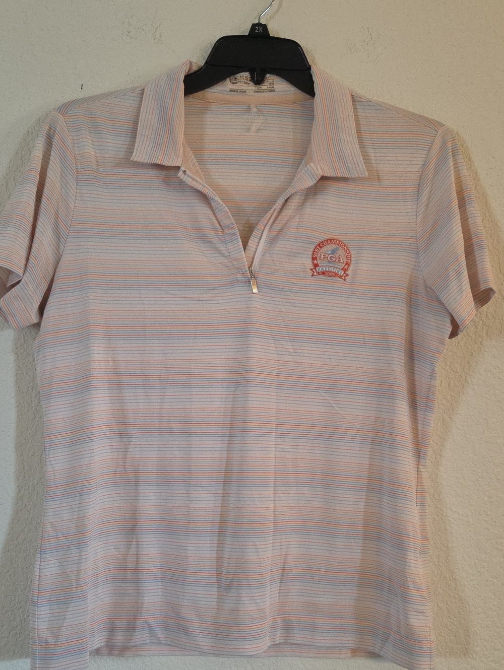 Nike Women's Light Pink and White Striped Quarter-Zip Polo